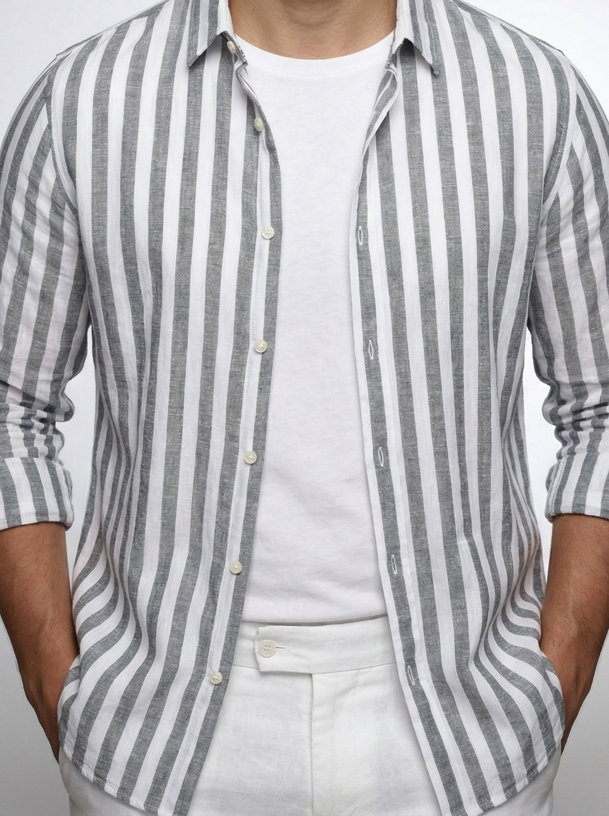 Men's Smart Striped Cotton Long Sleeve Shirt with Spread Collar