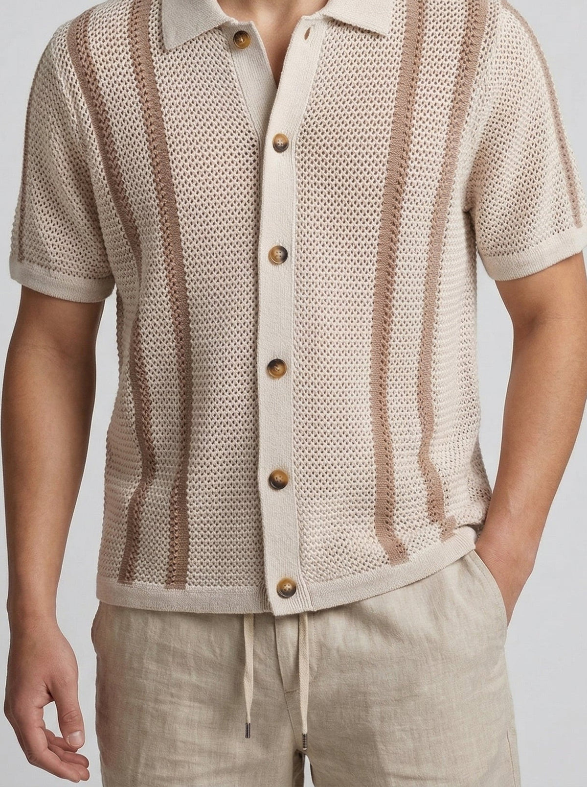 Men's Smart Striped Open Knit Button Down Shirt