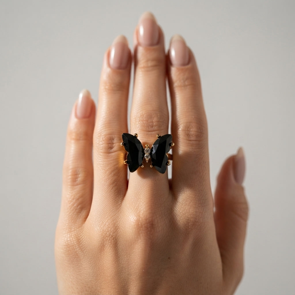 Women's Black Stone Butterfly Ring
