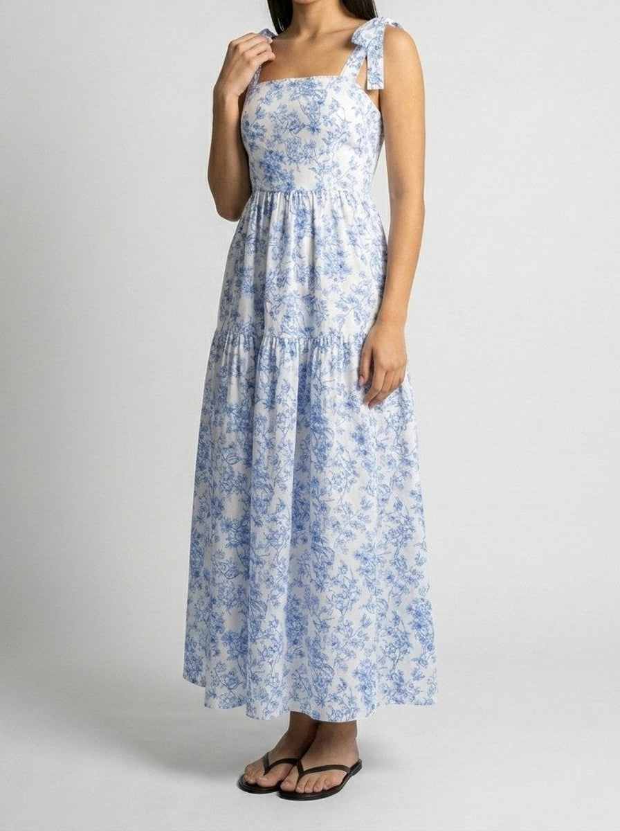 Women's Boho Floral Print Square Neck Tiered Maxi Dress