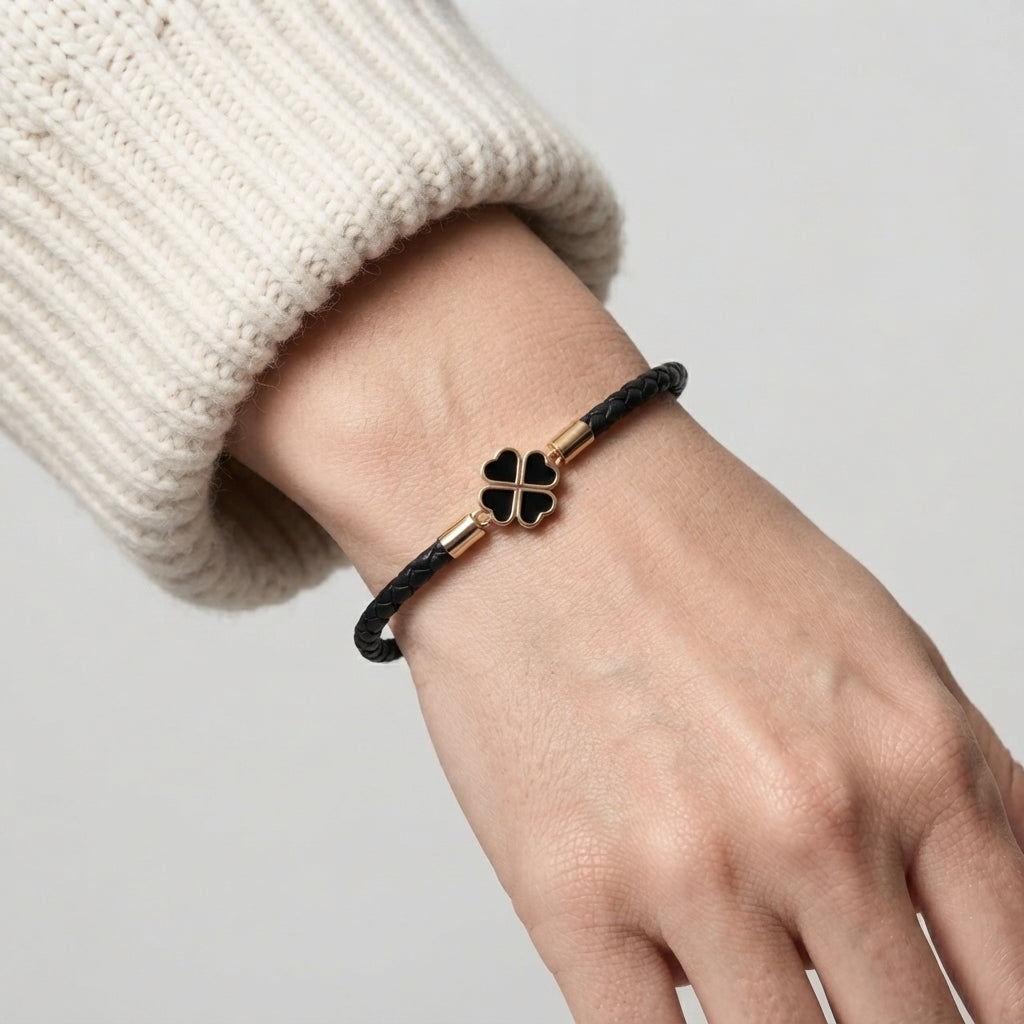 Women's Braided Leather Clover Charm Bracelet