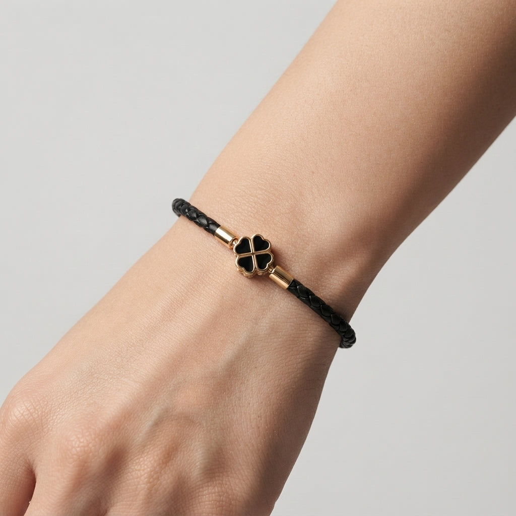 Women's Braided Leather Clover Charm Bracelet