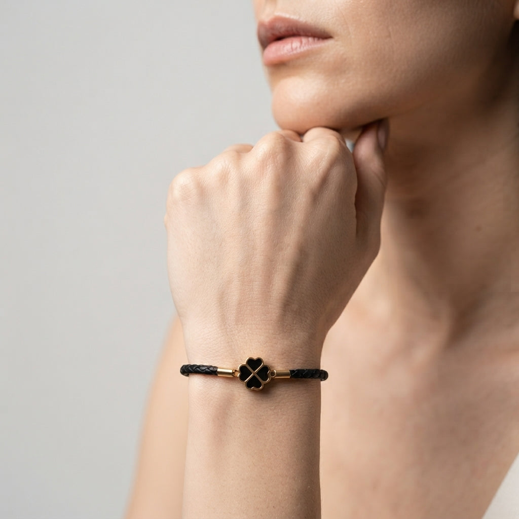 Women's Braided Leather Clover Charm Bracelet