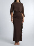 Women's Chiffon Boat Neck Cape Sleeve Ruched Wedding Guest Maxi Dress