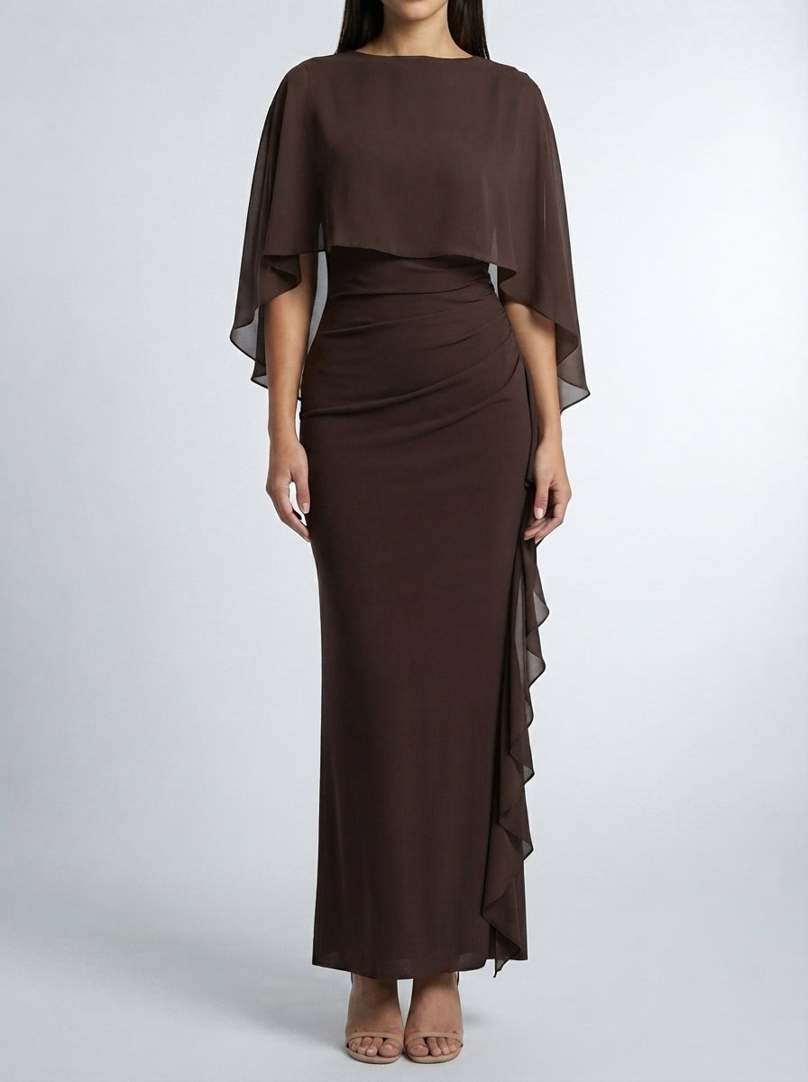 Women's Chiffon Boat Neck Cape Sleeve Ruched Wedding Guest Maxi Dress