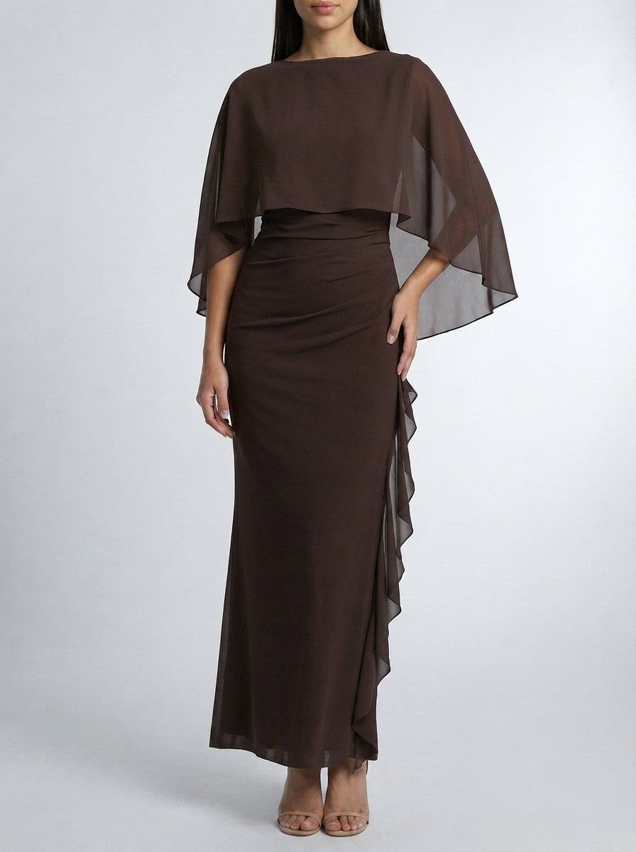Women's Chiffon Boat Neck Cape Sleeve Ruched Wedding Guest Maxi Dress