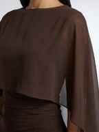 Women's Chiffon Boat Neck Cape Sleeve Ruched Wedding Guest Maxi Dress