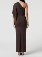 Women's Chiffon Boat Neck Cape Sleeve Ruched Wedding Guest Maxi Dress