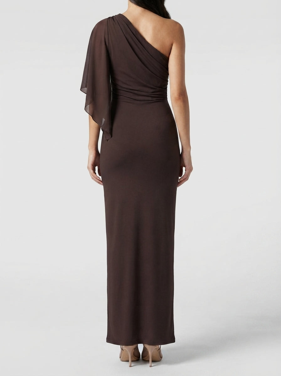 Women's Chiffon Boat Neck Cape Sleeve Ruched Wedding Guest Maxi Dress