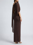 Women's Chiffon Boat Neck Cape Sleeve Ruched Wedding Guest Maxi Dress
