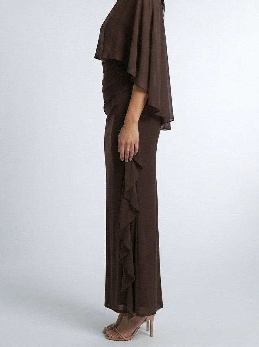 Women's Chiffon Boat Neck Cape Sleeve Ruched Wedding Guest Maxi Dress