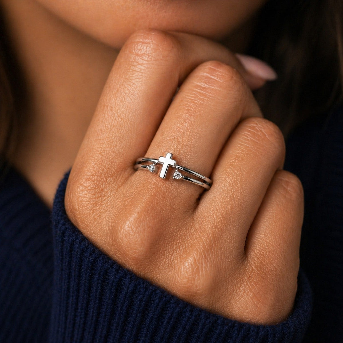 Women's Double Band Cross Crystal Ring