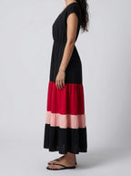Women's Elegant Colour Block Tiered Occasion Maxi Dress with Cap Sleeve