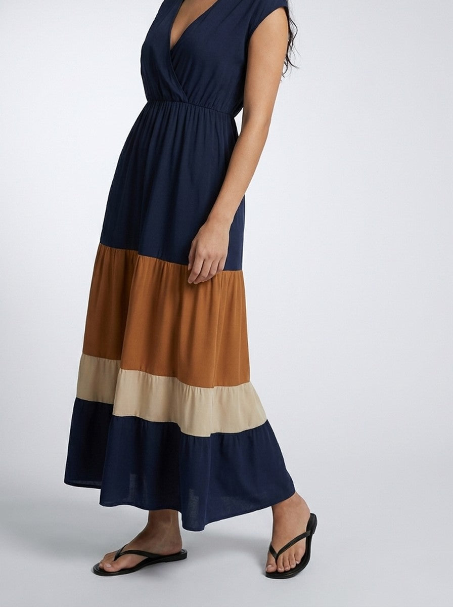 Women's Elegant Colour Block Tiered Occasion Maxi Dress with Cap Sleeve
