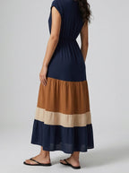 Women's Elegant Colour Block Tiered Occasion Maxi Dress with Cap Sleeve