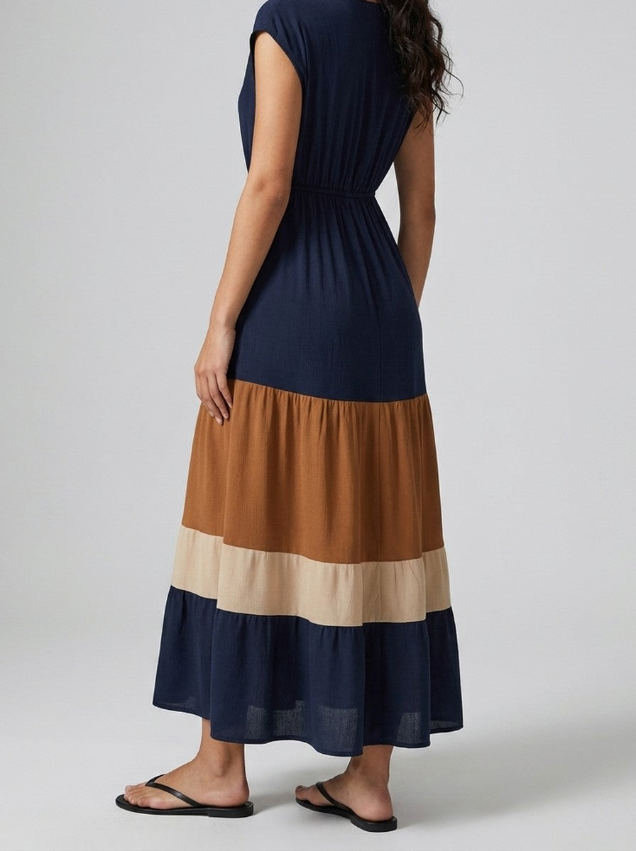 Women's Elegant Colour Block Tiered Occasion Maxi Dress with Cap Sleeve