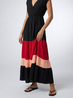 Women's Elegant Colour Block Tiered Occasion Maxi Dress with Cap Sleeve