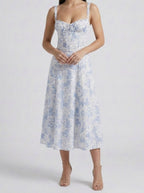 Women's Elegant Floral A-Line Wedding Guest Midi Dress with Sweetheart Neck