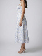 Women's Elegant Floral A-Line Wedding Guest Midi Dress with Sweetheart Neck