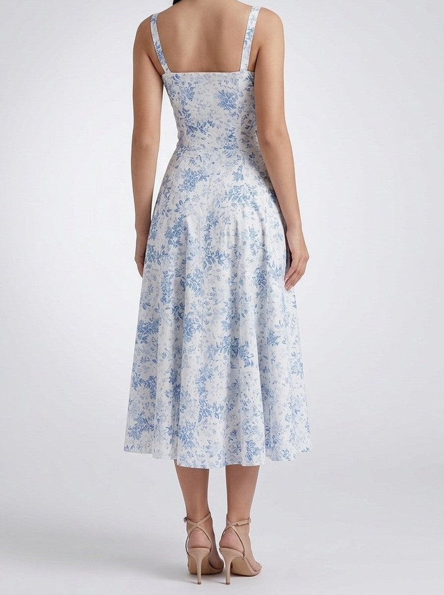 Women's Elegant Floral A-Line Wedding Guest Midi Dress with Sweetheart Neck