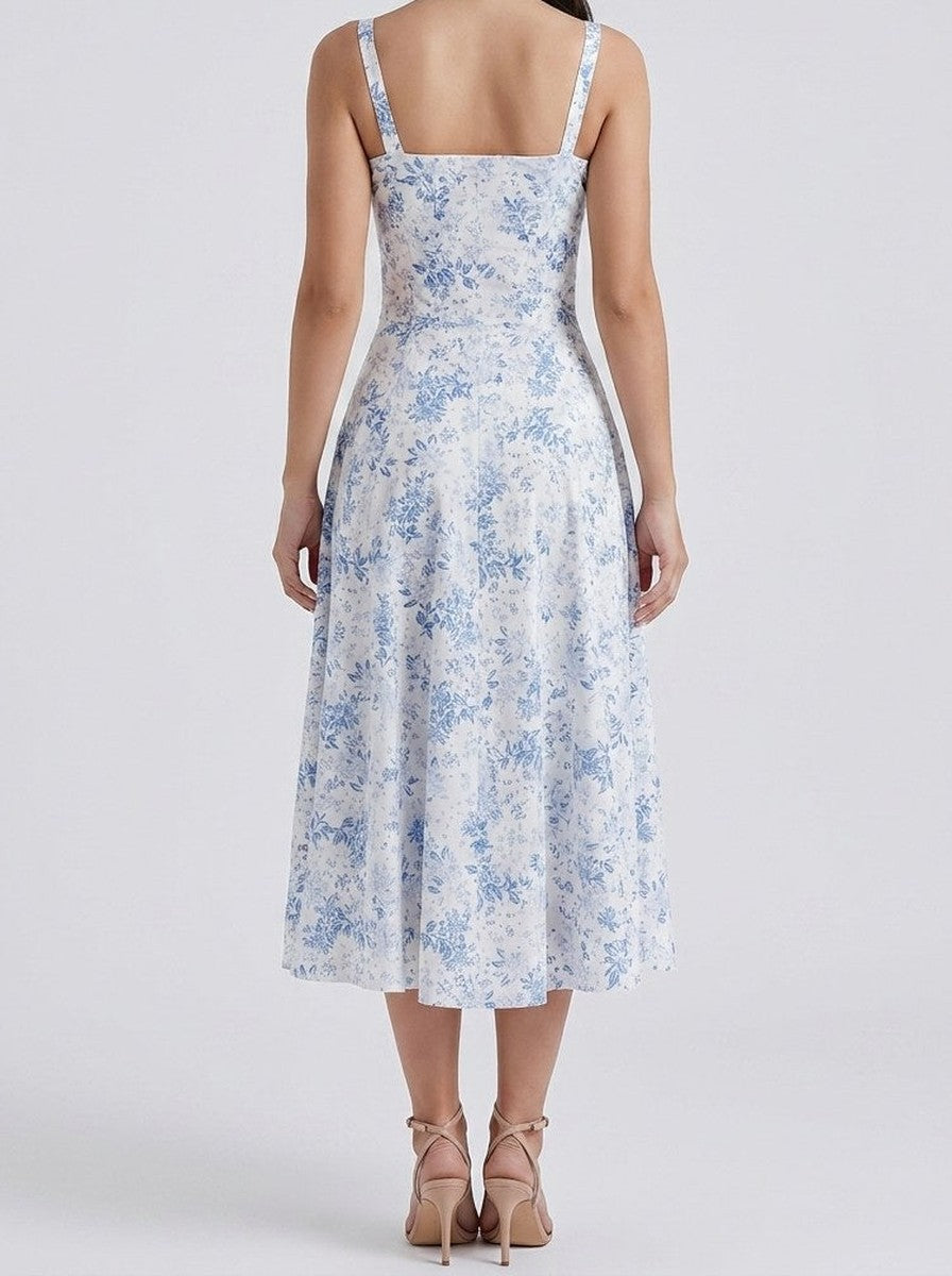 Women's Elegant Floral A-Line Wedding Guest Midi Dress with Sweetheart Neck