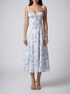 Women's Elegant Floral A-Line Wedding Guest Midi Dress with Sweetheart Neck