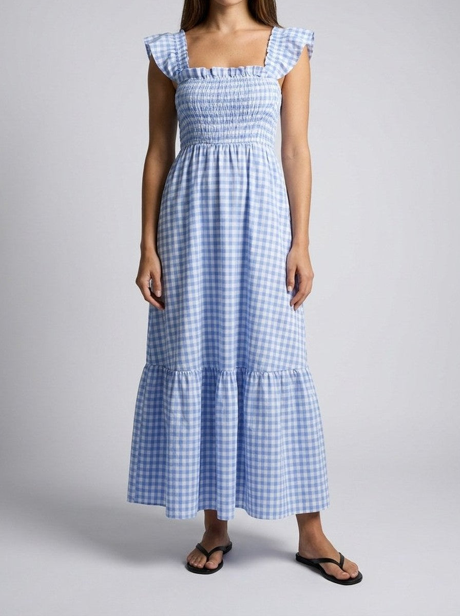 Women's Elegant Gingham Tiered Occasion Maxi Dress with Square Neck