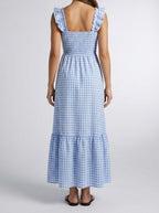 Women's Elegant Gingham Tiered Occasion Maxi Dress with Square Neck