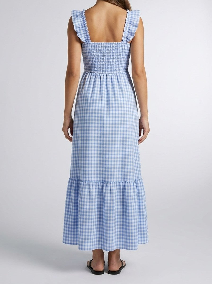 Women's Elegant Gingham Tiered Occasion Maxi Dress with Square Neck