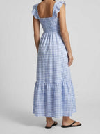 Women's Elegant Gingham Tiered Occasion Maxi Dress with Square Neck