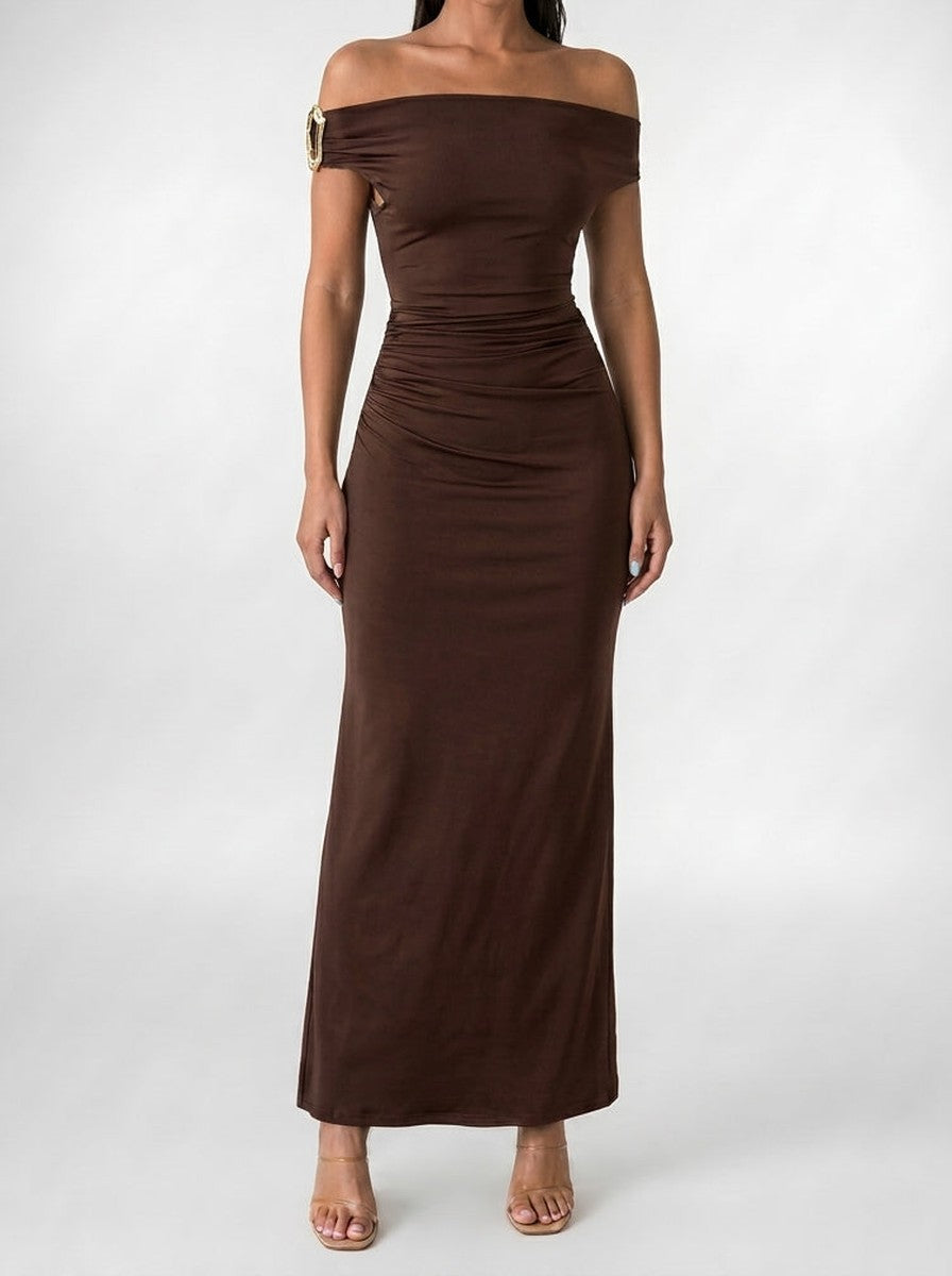 Women's Elegant Off-Shoulder Ruched Wedding Guest Maxi Dress