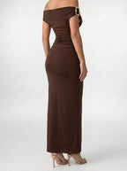 Women's Elegant Off-Shoulder Ruched Wedding Guest Maxi Dress
