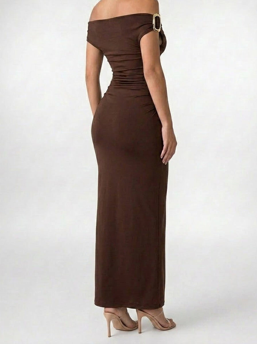 Women's Elegant Off-Shoulder Ruched Wedding Guest Maxi Dress