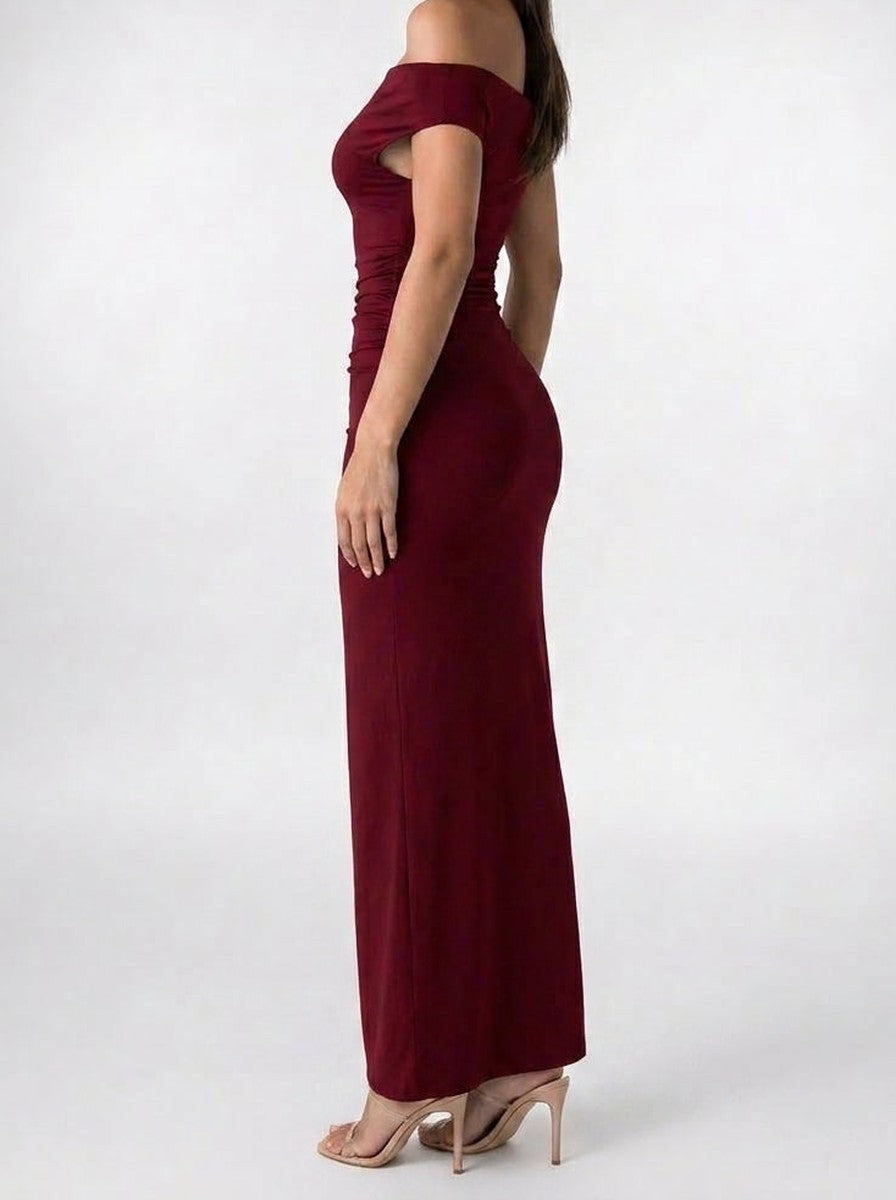 Women's Elegant Off-Shoulder Ruched Wedding Guest Maxi Dress