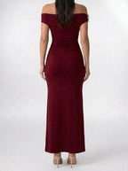 Women's Elegant Off-Shoulder Ruched Wedding Guest Maxi Dress
