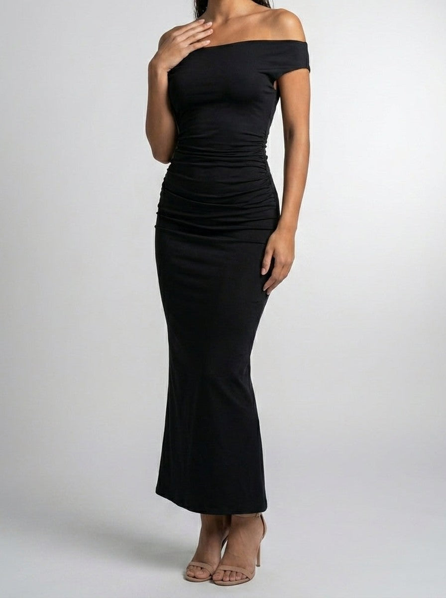 Women's Elegant Off-Shoulder Ruched Wedding Guest Maxi Dress