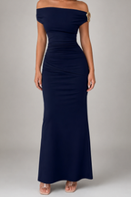 Women's Elegant Off-Shoulder Ruched Wedding Guest Maxi Dress