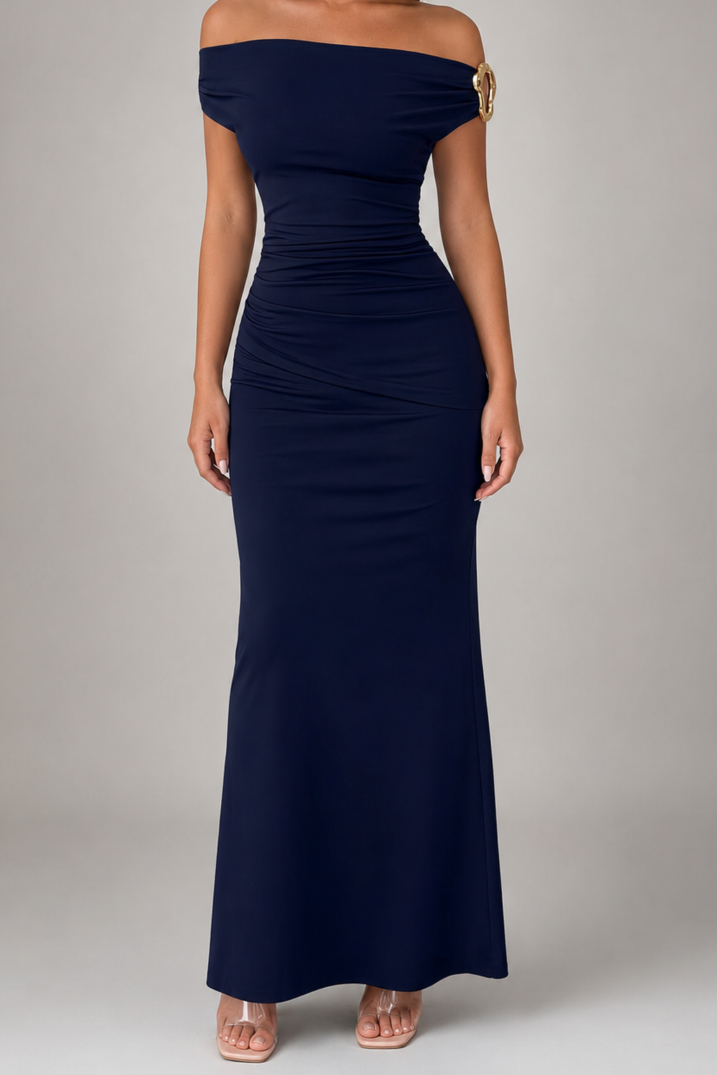 Women's Elegant Off-Shoulder Ruched Wedding Guest Maxi Dress