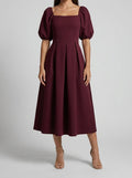 Women's Elegant Pleated Wedding Guest Midi Dress with Puff Sleeve