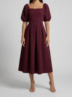 Women's Elegant Pleated Wedding Guest Midi Dress with Puff Sleeve