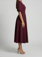 Women's Elegant Pleated Wedding Guest Midi Dress with Puff Sleeve