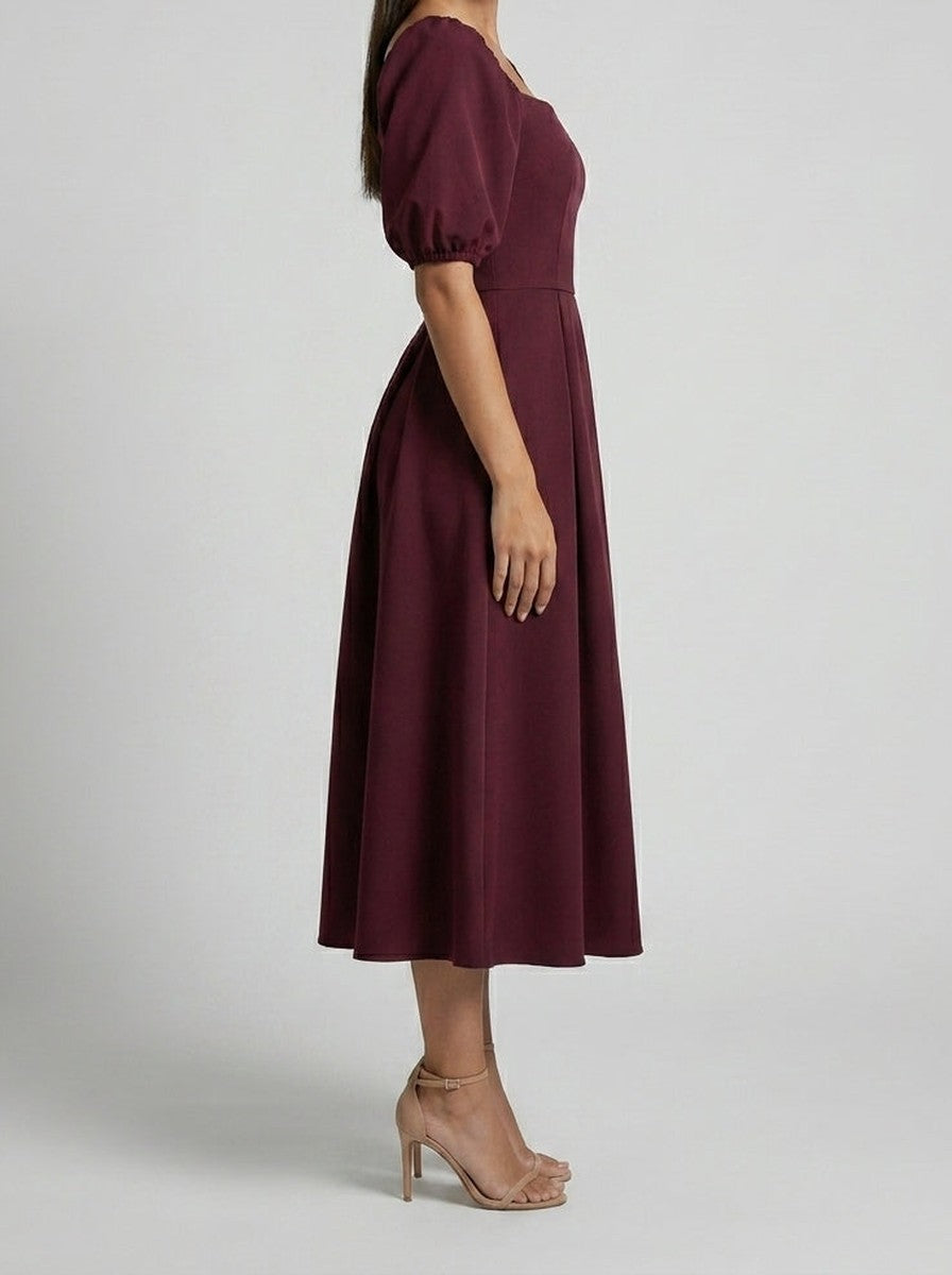 Women's Elegant Pleated Wedding Guest Midi Dress with Puff Sleeve