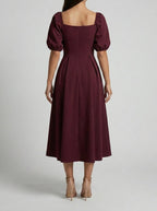 Women's Elegant Pleated Wedding Guest Midi Dress with Puff Sleeve
