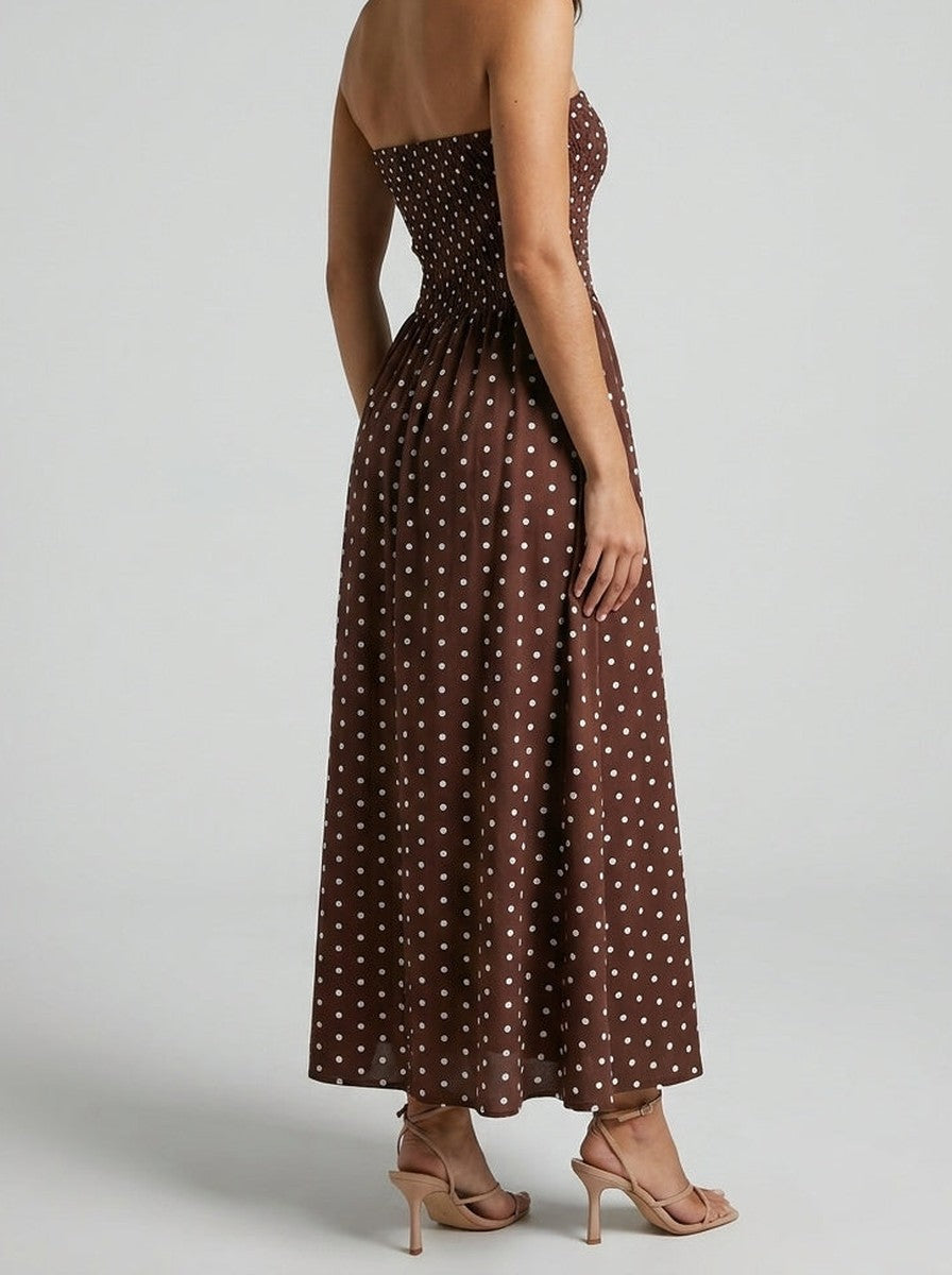 Women's Elegant Polka Dot Strapless A-Line Wedding Guest Maxi Dress
