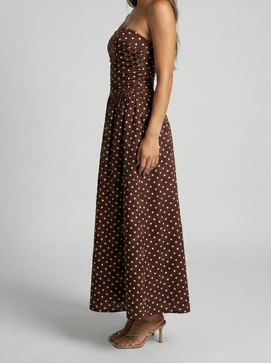 Women's Elegant Polka Dot Strapless A-Line Wedding Guest Maxi Dress