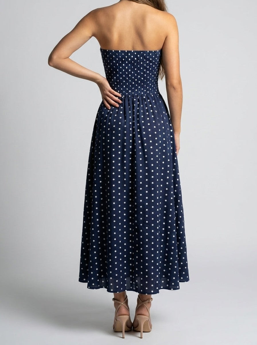 Women's Elegant Polka Dot Strapless A-Line Wedding Guest Maxi Dress