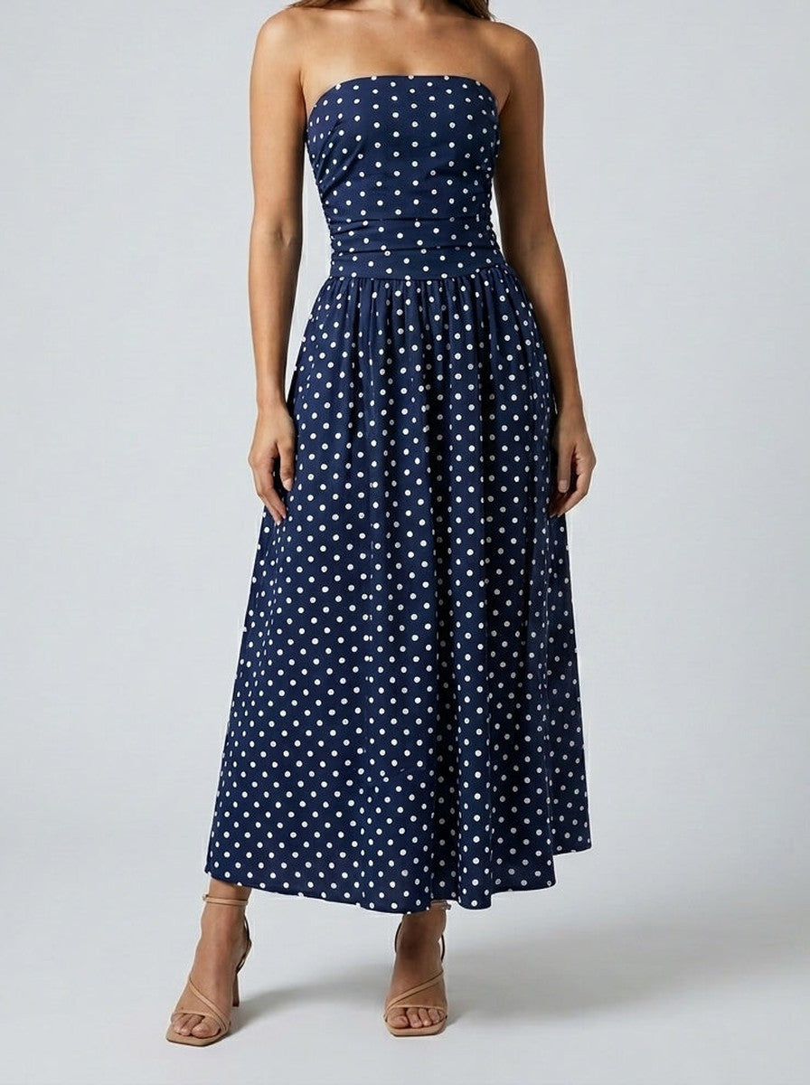 Women's Elegant Polka Dot Strapless A-Line Wedding Guest Maxi Dress