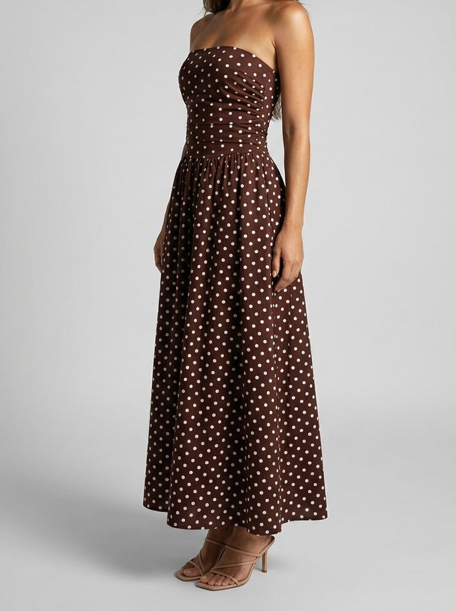 Women's Elegant Polka Dot Strapless A-Line Wedding Guest Maxi Dress
