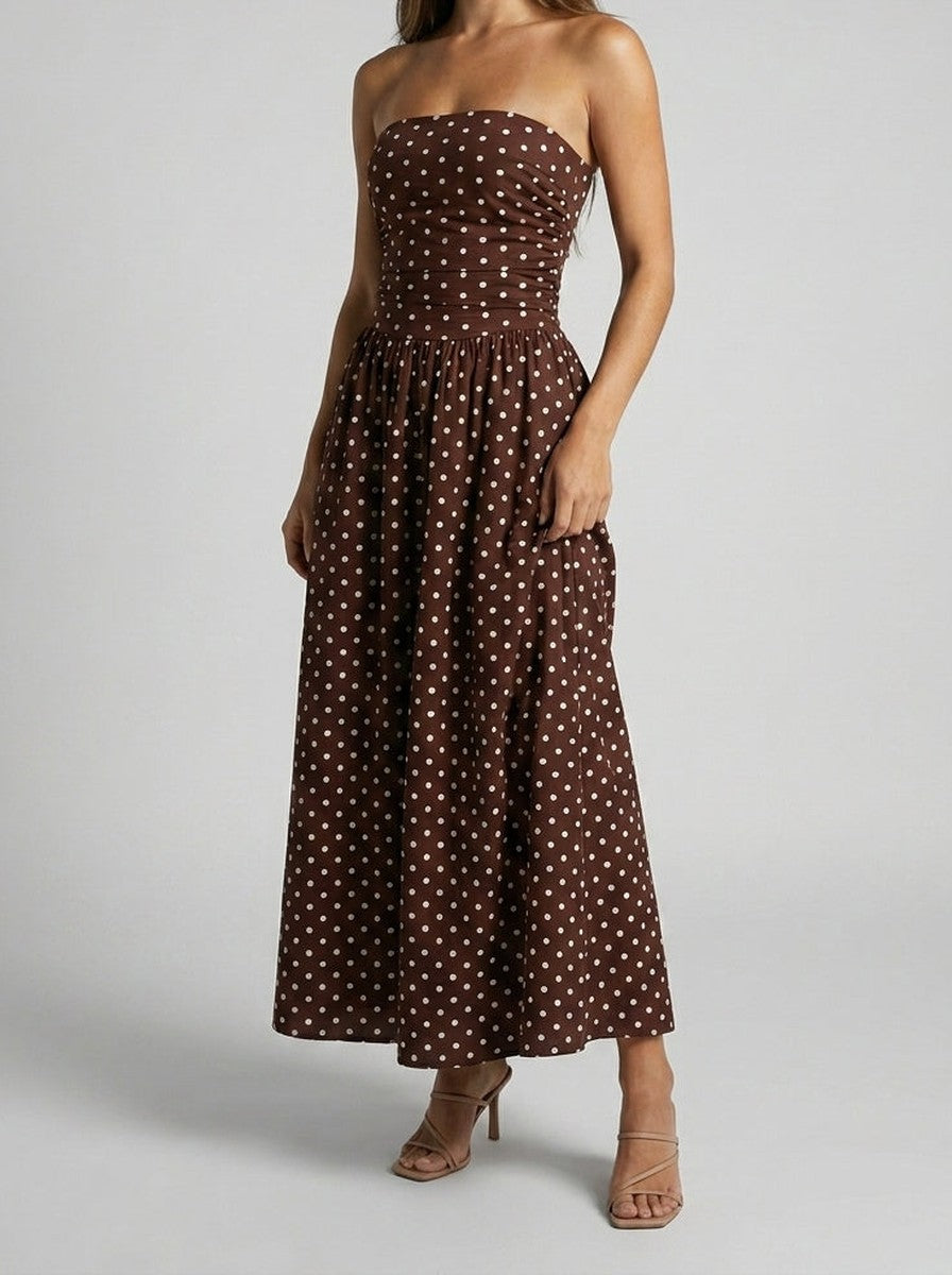 Women's Elegant Polka Dot Strapless A-Line Wedding Guest Maxi Dress