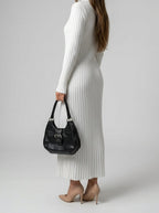 Women's Elegant Ribbed Long Sleeve Wedding Guest Maxi Dress with Round Neck